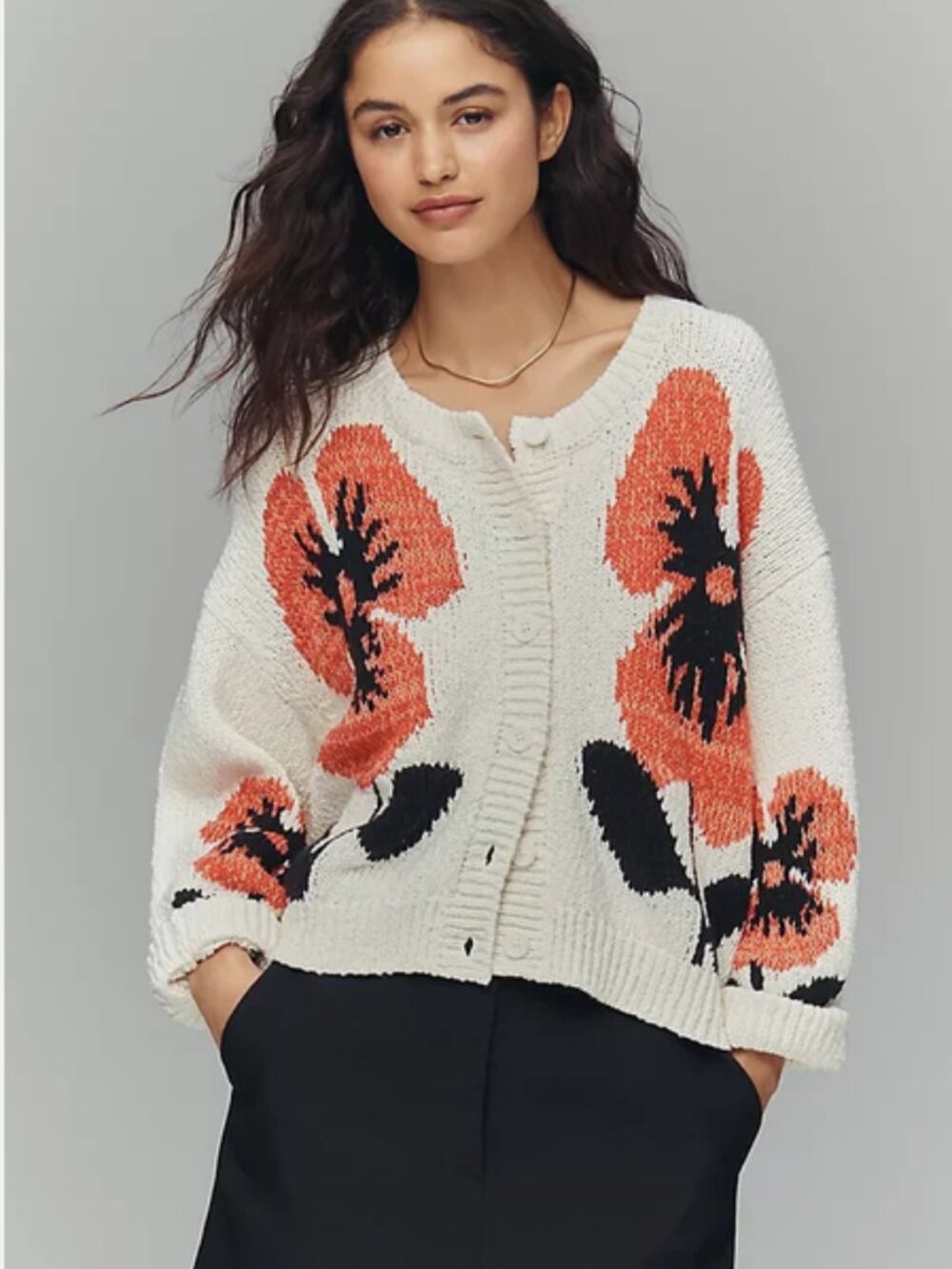 Anthropologie Maeve Elbow Sleeve Cardigan Sweater Red Floral Size L NWT Large - Picture 4 of 7